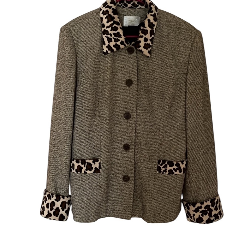 Apart by Spiegel size 14 tan tweed blazer with faux leopard trim